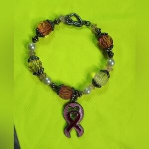 Pink breast cancer toggle beaded bracelet faux pearl goldtone silvertone